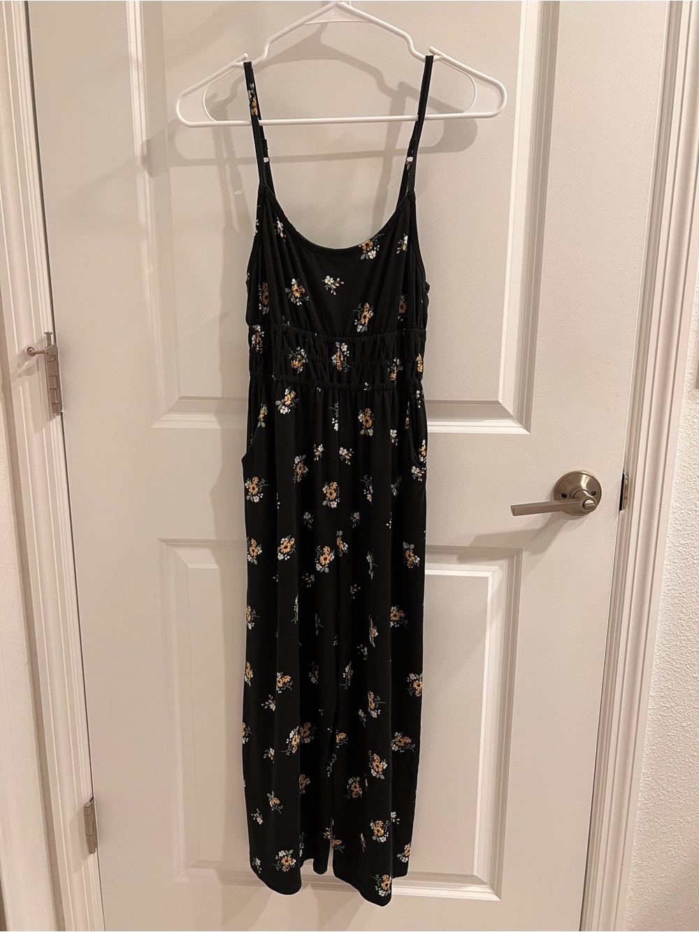Black Floral Spaghetti Strap Jumpsuit with Pockets